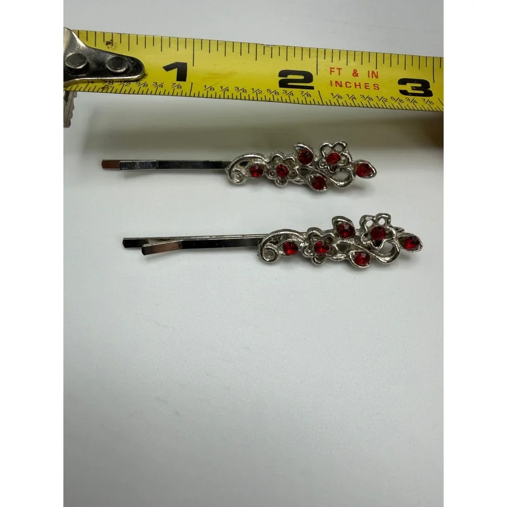 Vintage Style Silver Red Rhinestone Floral Scroll Bobby Pin Hair Clip Set 2pc